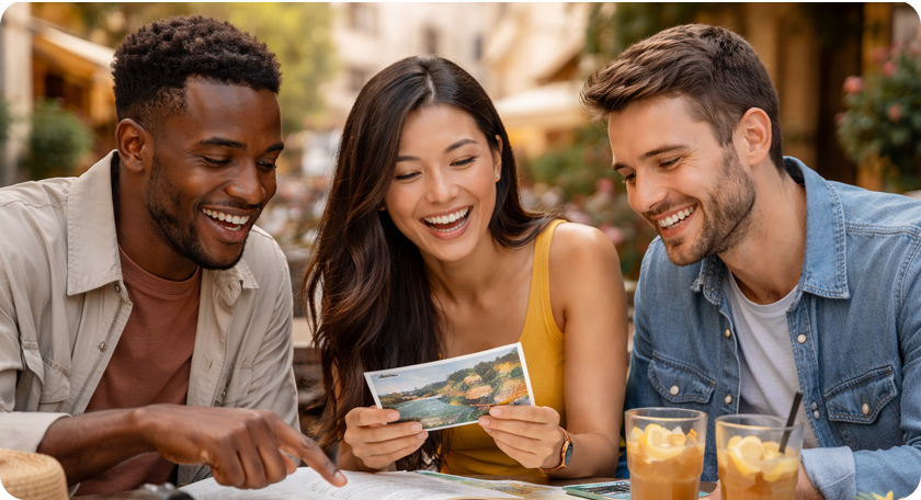 Group of friends planning travel together, looking at destination photos
