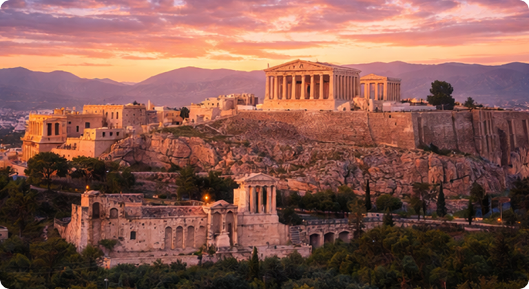 Acropolis of Athens ancient Parthenon temple at sunset overlooking the city