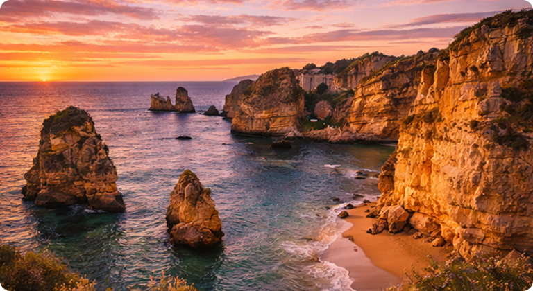 Algarve Coast golden beaches, dramatic cliffs, and crystal-clear turquoise waters at sunset