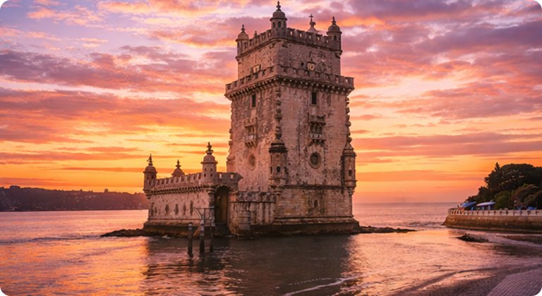 Belem Tower Manueline architecture monument at sunset on Tagus River in Lisbon