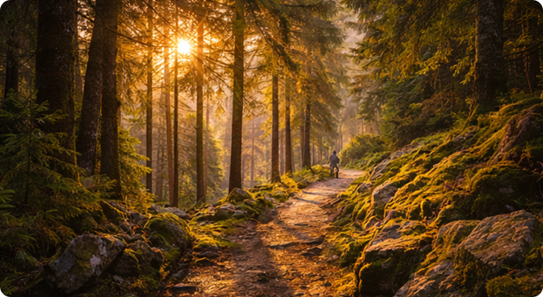 The Black Forest serene woodland pathway with sunlight through trees