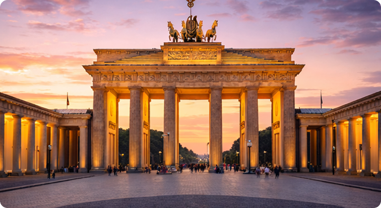 Brandenburg Gate neoclassical monument illuminated at sunset in Berlin