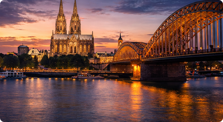Cologne Cathedral Gothic architecture masterpiece at dusk with Rhine river and Hohenzollern Bridge