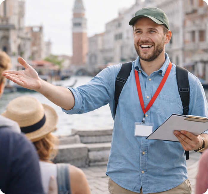 Tour guide welcoming travelers in Venice, Italy
