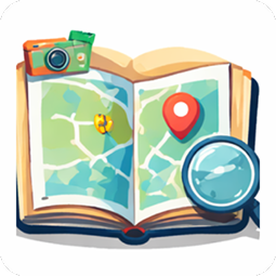 Travel guide book with map and magnifying glass