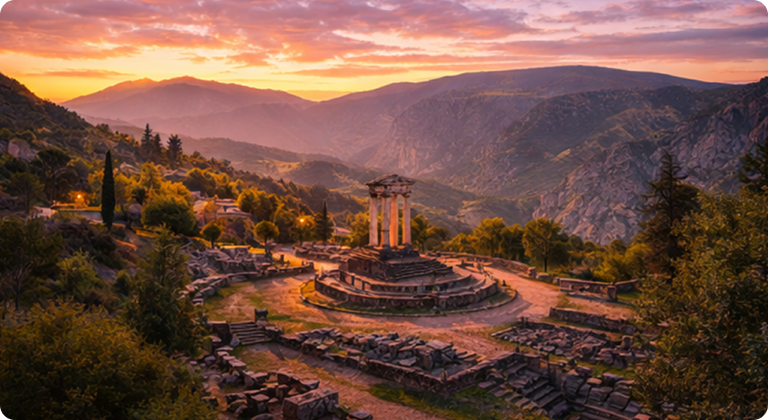 Delphi ancient Temple of Apollo ruins at sunset with mountain backdrop