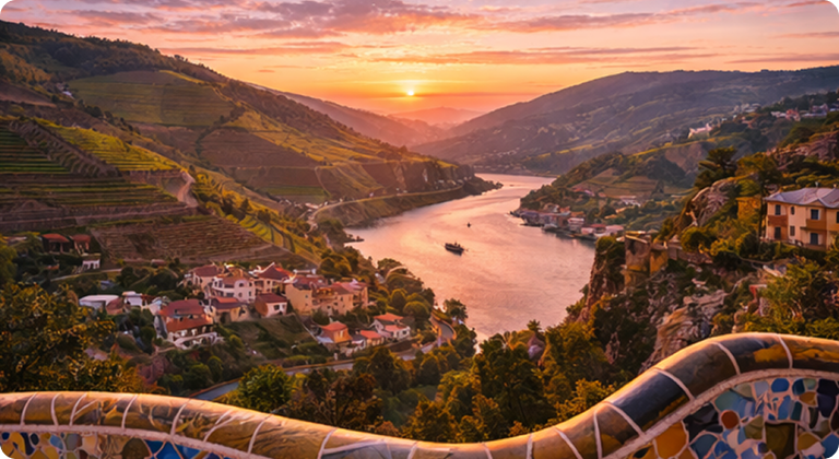 Douro Valley terraced vineyards and river at sunset with picturesque landscape