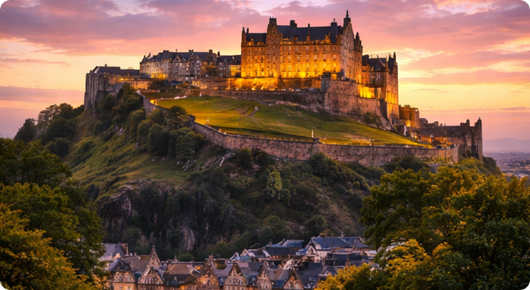 Edinburgh Castle illuminated at sunset on volcanic rock