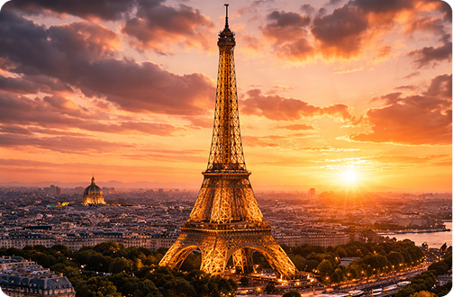 Eiffel Tower in Paris illuminated at sunset