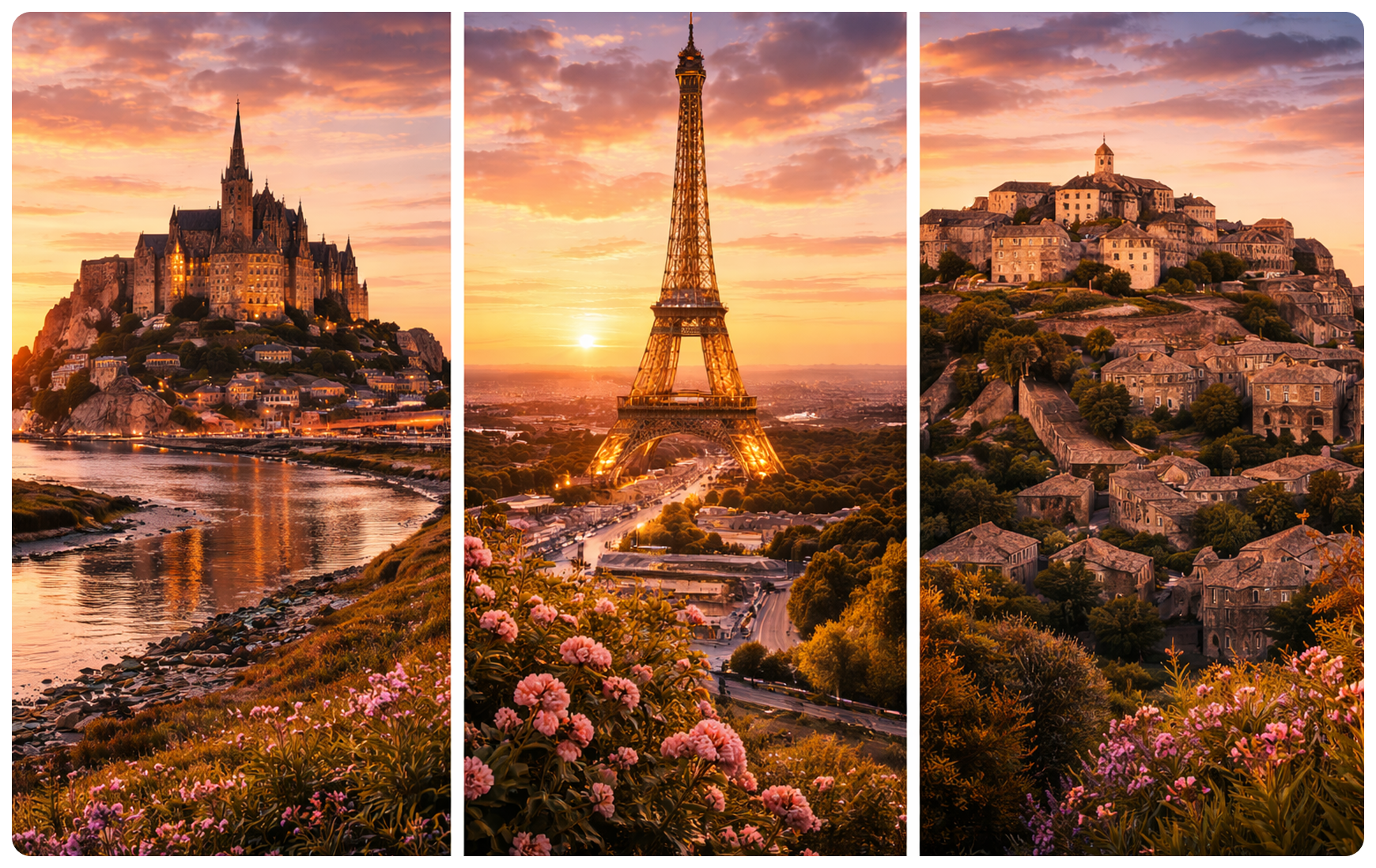 Mont Saint-Michel, Eiffel Tower at sunset, and picturesque French hilltop village