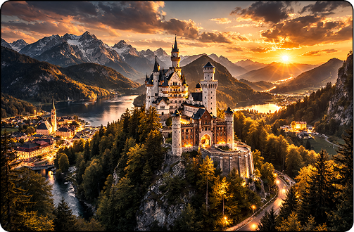 Neuschwanstein Castle in Bavaria surrounded by mountains at sunset