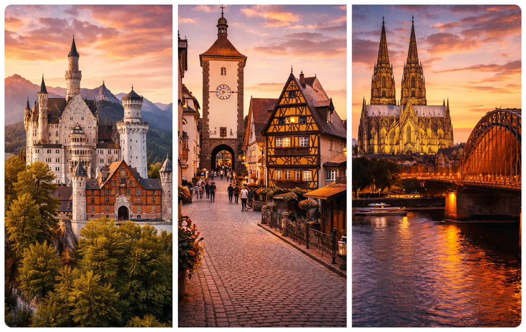 Neuschwanstein Castle, Rothenburg ob der Tauber medieval town, and Cologne Cathedral at sunset