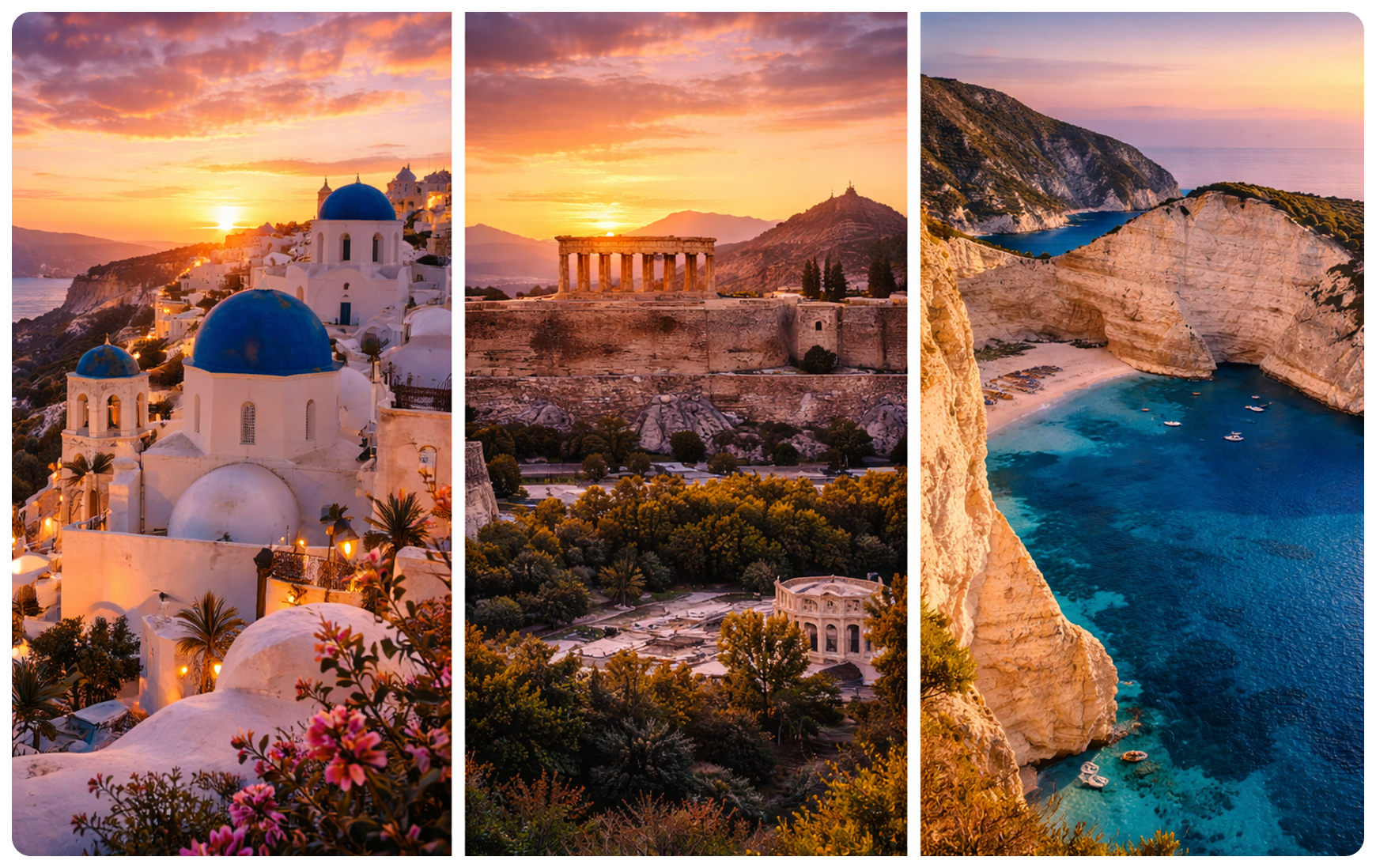 Santorini blue domed churches at sunset, Acropolis of Athens, and Shipwreck Beach turquoise waters