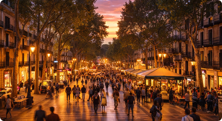 La Rambla bustling pedestrian street at dusk with shops, cafes, and street performers
