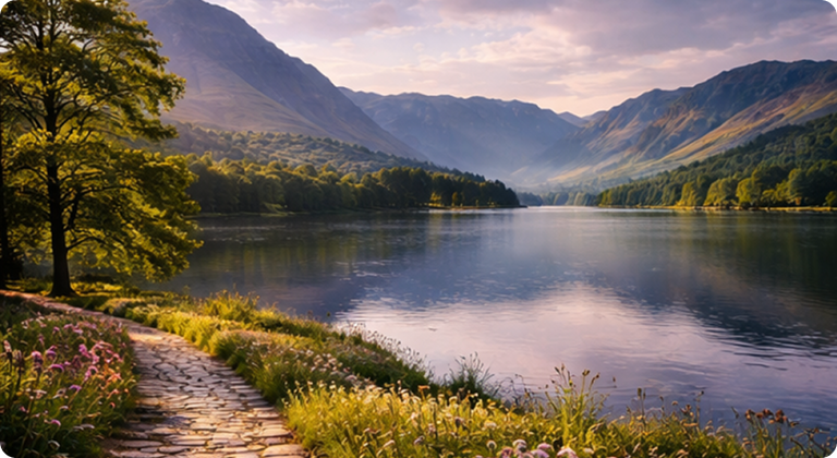Lake District National Park serene lake with mountains and pathway