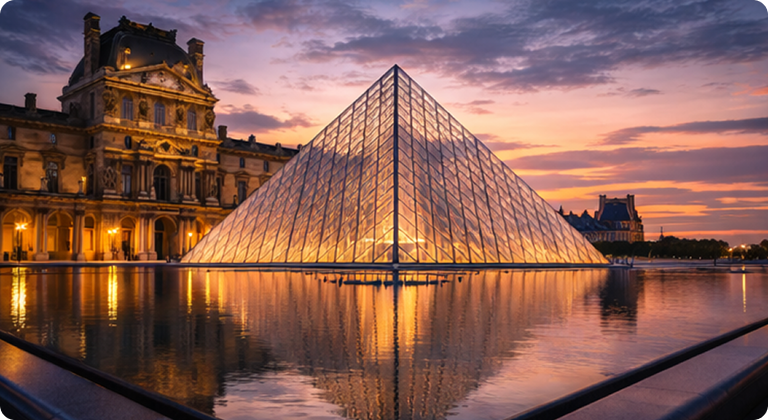 Louvre Museum glass pyramid and historic palace at dusk with reflecting pool
