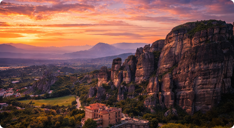 Meteora ancient monasteries perched on towering rock formations at sunset