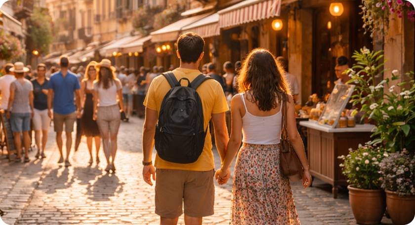 Group of friends looking at destination photos