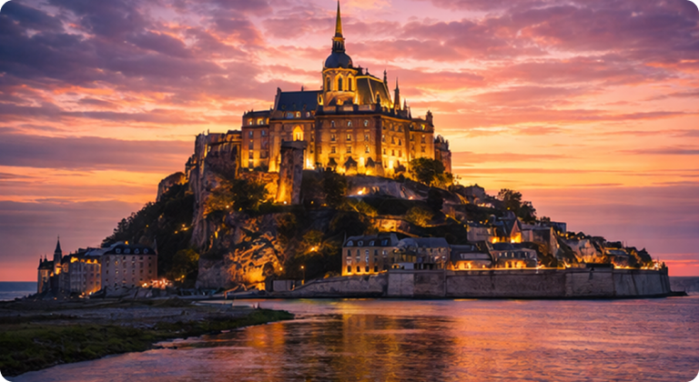 Mont Saint-Michel medieval abbey illuminated at dusk rising from the sea