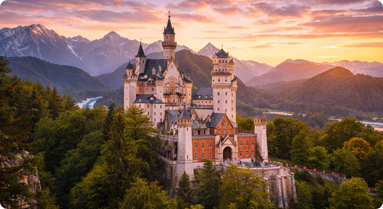 Neuschwanstein Castle stunning fairy-tale palace at sunset with Bavarian Alps mountains
