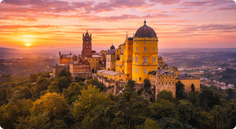 Palace of Pena colorful romantic castle on hilltop in Sintra at sunset