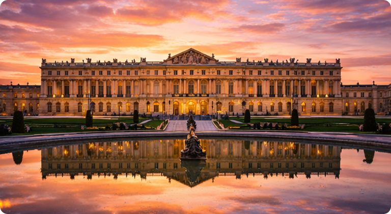 Palace of Versailles baroque architecture with reflecting pool at sunset