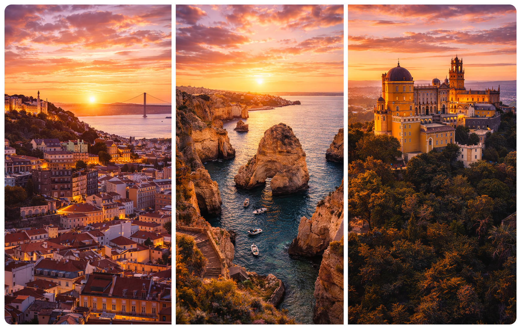 Lisbon cityscape at sunset, Algarve coastal cliffs, and Pena Palace colorful castle