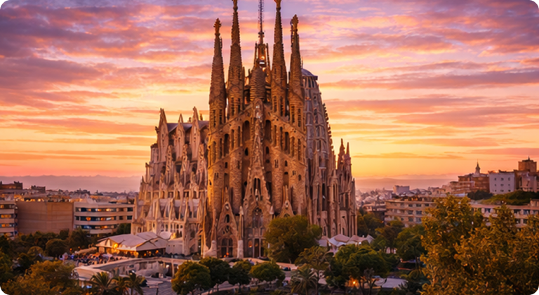 Sagrada Familia basilica at sunset with intricate Gothic and Art Nouveau architecture