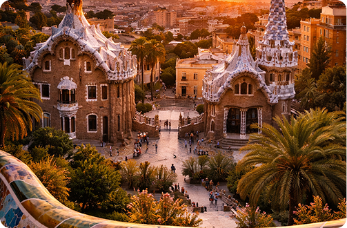 Park Güell in Barcelona with colorful mosaic architecture