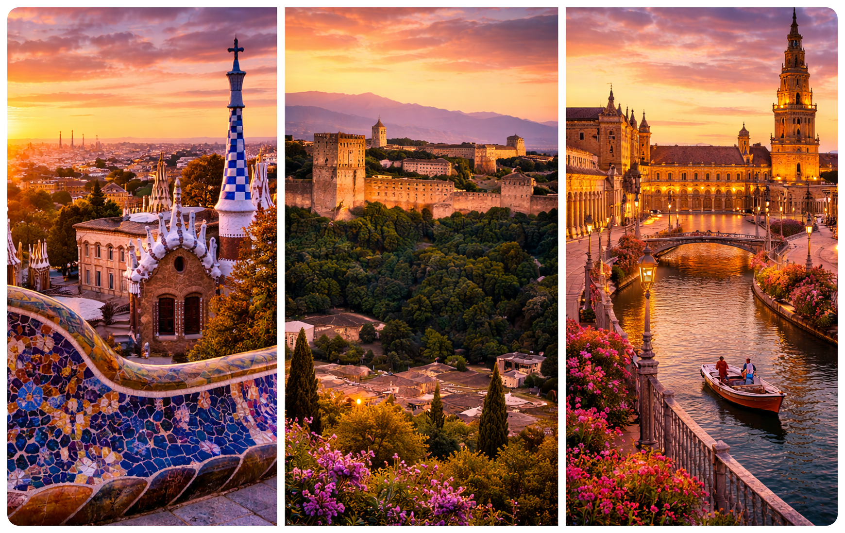 Park Güell mosaic architecture, Alhambra palace, and Plaza de España at sunset