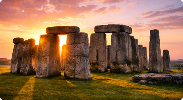 Stonehenge prehistoric monument at sunset with standing stones