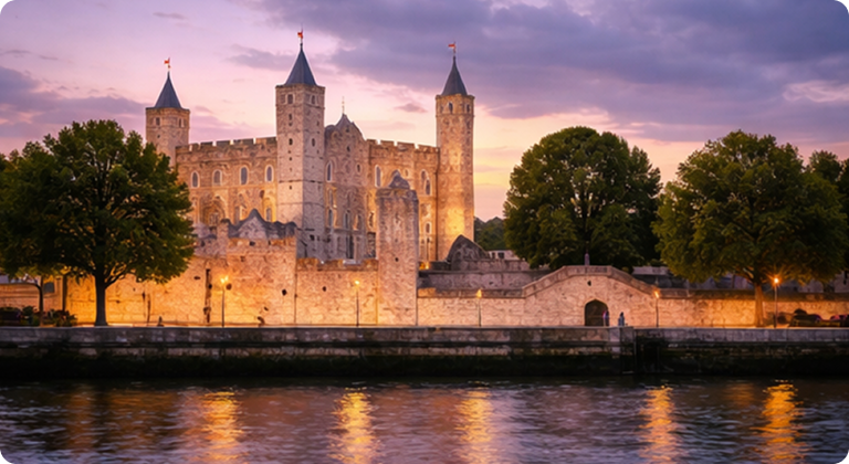 Tower of London historic fortress at dusk with Thames river